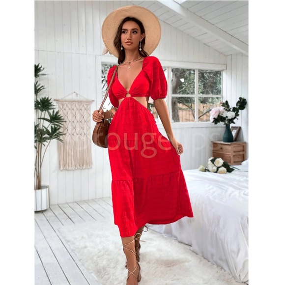 Red Midi Dress Backless Lace Up Puff Sleeve Flared Ruffle Hem V-Neck - Picture 2 of 9